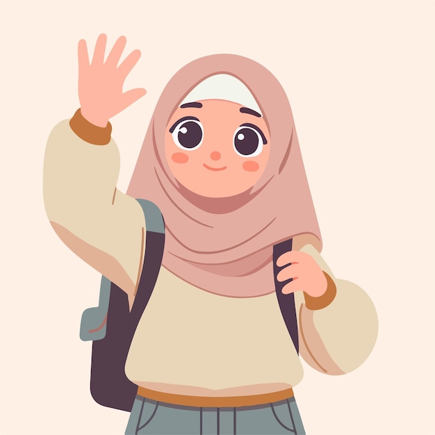 Ilustración de una mujer musulmana saludando con un estilo de diseño plano simple y minimalista