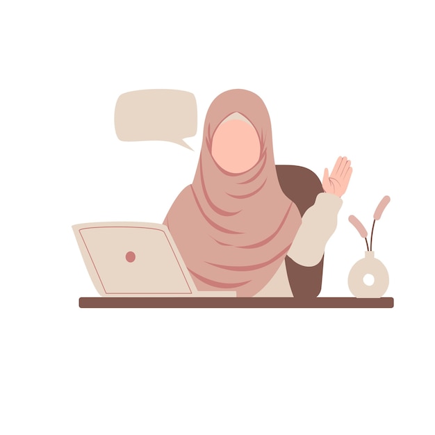 Ilustración de una mujer musulmana trabajando en una computadora portátil