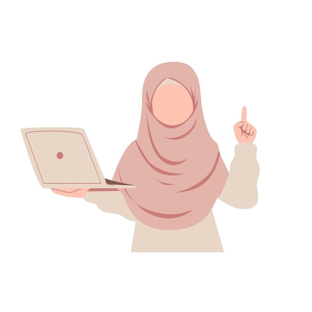 Ilustración de una mujer musulmana trabajando en una computadora portátil