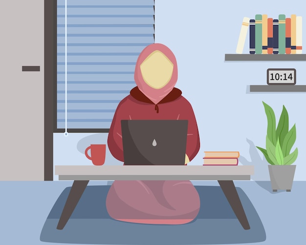 Ilustración de una mujer musulmana trabajando en una laptop en casa
