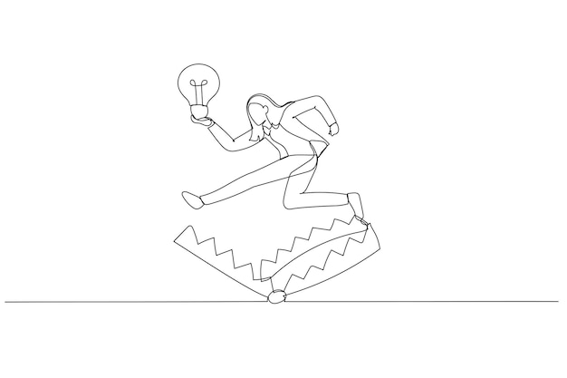 Ilustración de mujer de negocios evitar trampa con buena idea de negocio bombilla Estilo de arte de línea continua
