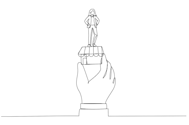 Ilustración de una mujer de negocios exitosa sosteniendo una bandera ganadora en una pequeña tienda con una mano gigante Metáfora para una idea de pequeña empresa emprendedora exitosa Arte de línea continua única