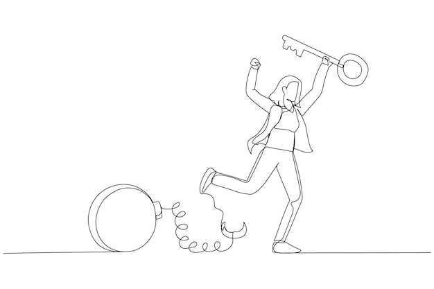 Ilustración de una mujer de negocios feliz sosteniendo una llave dorada después de desbloquear la cadena de carga de la deuda Metáfora de la vida libre de deudas y libertad Sin gastos de préstamo e hipoteca Un estilo de arte de línea continua