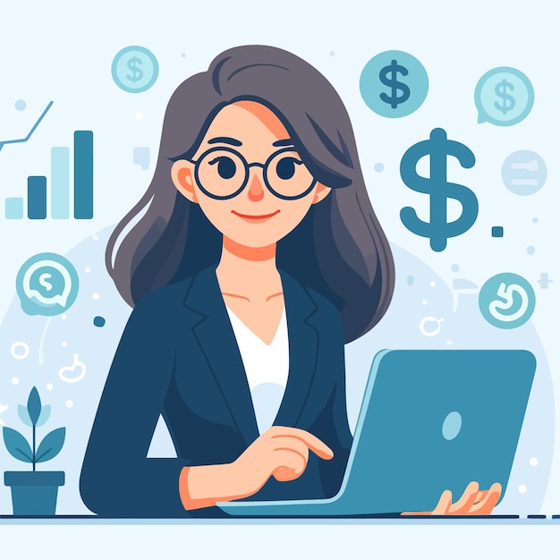 Ilustración de una mujer de negocios haciendo dinero usando una computadora portátil