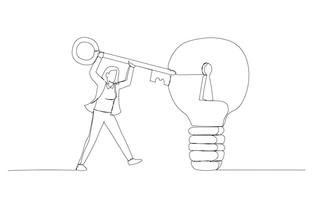 Ilustración de una mujer de negocios inteligente sosteniendo una llave grande a punto de insertarla en la lámpara de idea de bombilla Metáfora para la invención y creatividad de ideas de negocios Un estilo de arte de línea continua