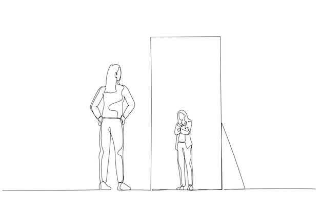 Ilustración de una mujer de negocios mirando el espejo viendo una tímida mini versión de sí mismo Estilo de arte de línea continua única