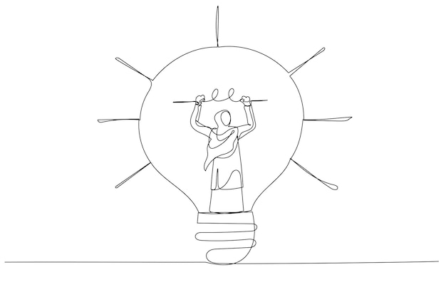 Ilustración de una mujer de negocios musulmana árabe que conecta la bombilla con el concepto de signo de dólar de dinero de apoyo financiero Estilo de arte de una sola línea