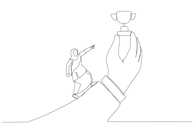 Ilustración de una mujer de negocios musulmana corriendo con todo su esfuerzo para alcanzar la copa de trofeo en mano gigante Un estilo de arte de línea continua