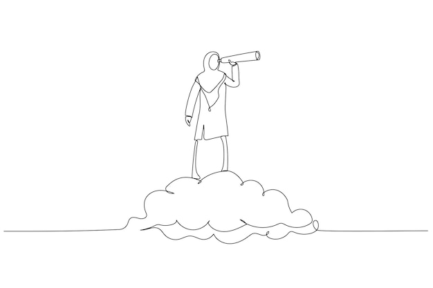 Ilustración de una mujer de negocios musulmana montando una nube sosteniendo un telescopio o binocular para buscar un visionario de negocios concepto objetivo de la empresa de visión de oportunidad un estilo de arte de línea continua