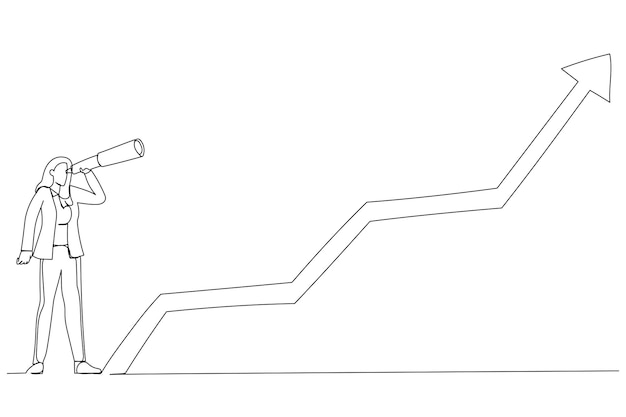 Ilustración de una mujer de negocios que mira a través del telescopio para ver el gráfico de crecimiento de la inversión Predicción o previsión económica Estilo de arte de una línea