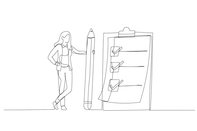 Ilustración de una mujer de negocios sosteniendo un lápiz grande dibujando el concepto de línea límite de privacidad Estilo de arte de línea continua única