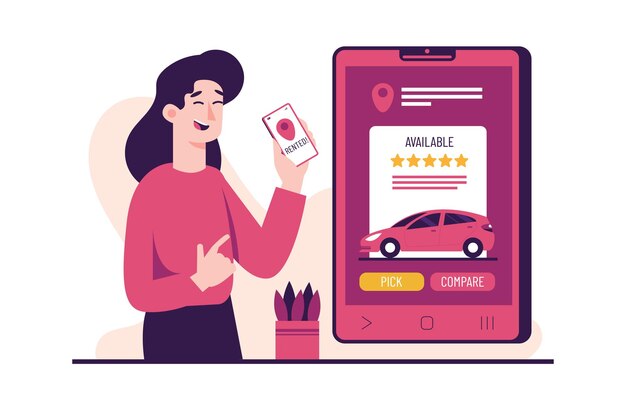 Ilustración mujer Orde Alquiler de coches en línea