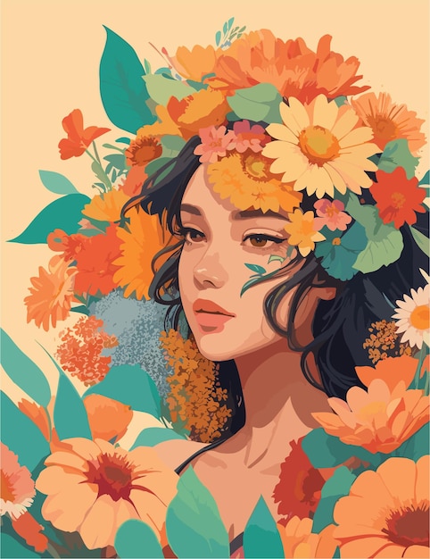 Vector una ilustración de una mujer con un paisaje inspirado en las vibraciones del verano.