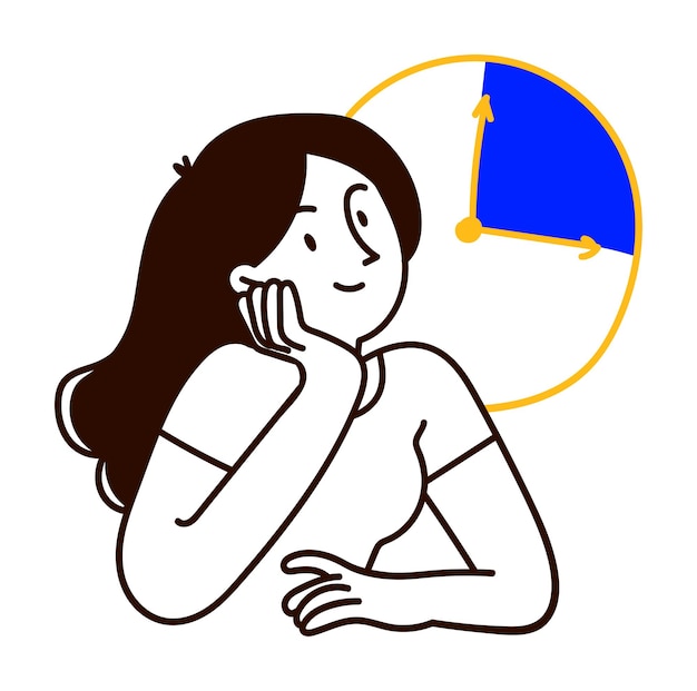 Ilustración de una mujer pensando con un concepto de símbolo de reloj para la planificación y la gestión del tiempo
