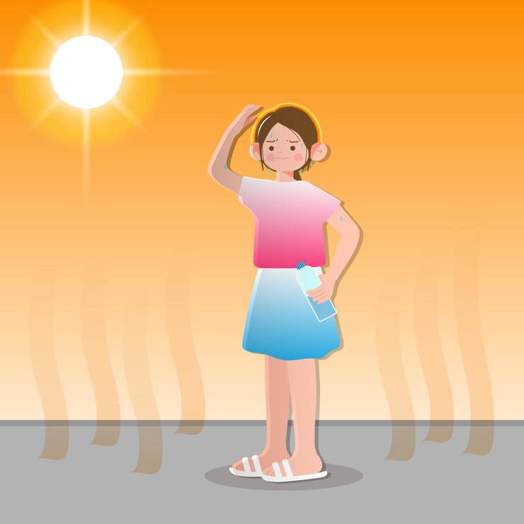 Vector ilustración de una mujer de pie con una botella de agua bajo el sol en verano