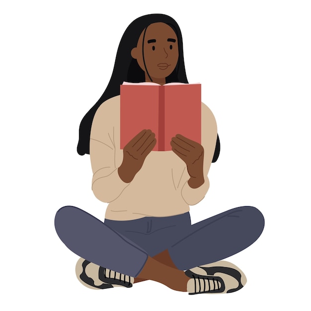 Vector una ilustración de una mujer de piel negra leyendo