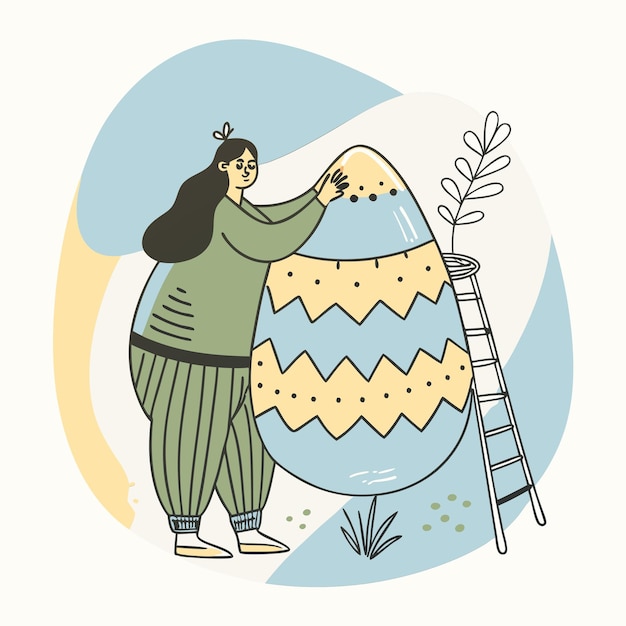 una ilustración de una mujer pintando un huevo con una mujer sosteniendo un palo