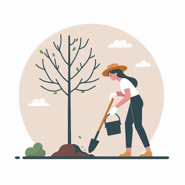 Ilustración de una mujer plantando un árbol en un estilo de diseño plano simple