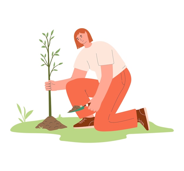 Ilustración de una mujer plantando un árbol.