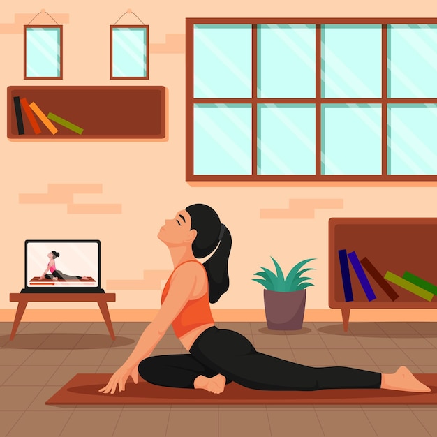 Ilustración de una mujer practicando yoga en casa con un videoclip en línea
