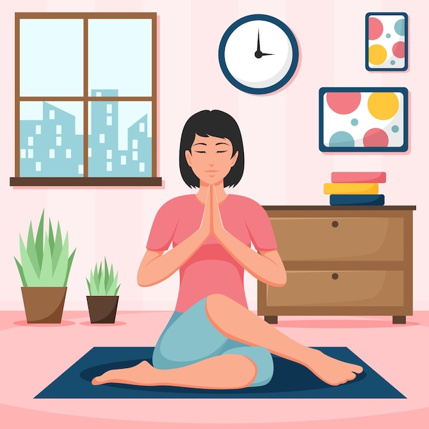 Vector ilustración de una mujer practicando yoga en casa