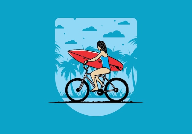 Ilustración de una mujer que va a surfear en bicicleta