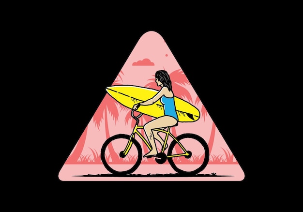 Vector ilustración de una mujer que va a surfear en bicicleta
