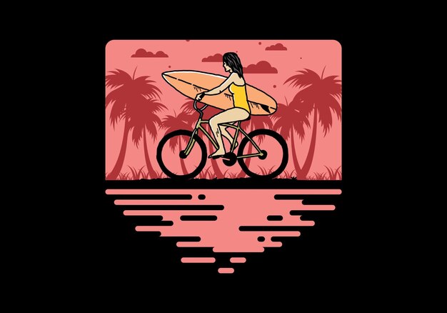 Ilustración de una mujer que va a surfear en bicicleta