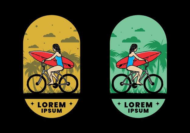 Vector ilustración de una mujer que va a surfear en bicicleta