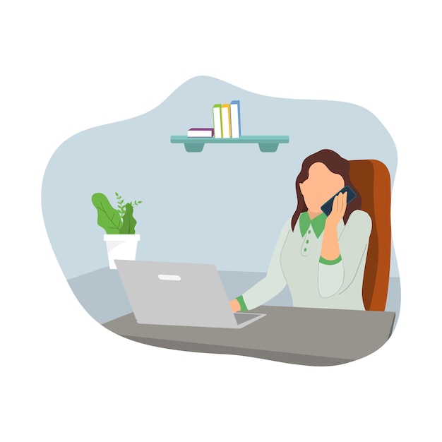 Ilustración de una mujer que trabaja en una computadora en la oficina mientras atiende llamadas
