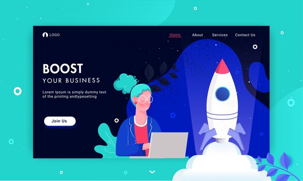 Ilustración de una mujer que trabaja desde una computadora portátil con el lanzamiento exitoso de un proyecto de cohete para la página de inicio basada en Boost Your Business.