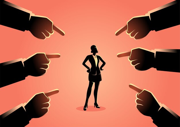 Ilustración de una mujer señalada por dedos gigantes