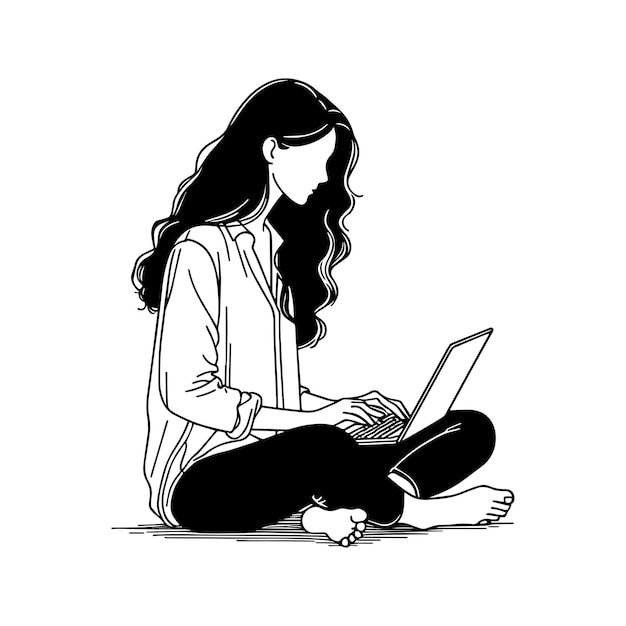 Ilustración de una mujer sentada con una computadora portátil en el estilo artístico de dibujo a mano de línea minimalista