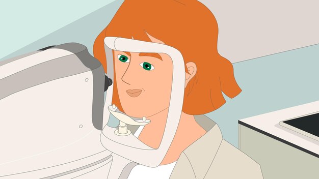 Ilustración de una mujer sometida a un examen ocular con equipos médicos