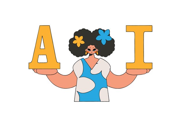 Ilustración de una mujer sosteniendo A e I en un estilo vectorial, que representa un tema de IA.