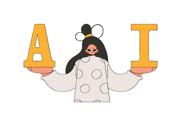 Ilustración de una mujer sosteniendo A e I, un vector con temática de IA.