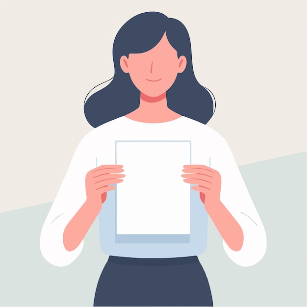 Vector ilustración de una mujer sosteniendo un papel en blanco en un estilo de diseño plano