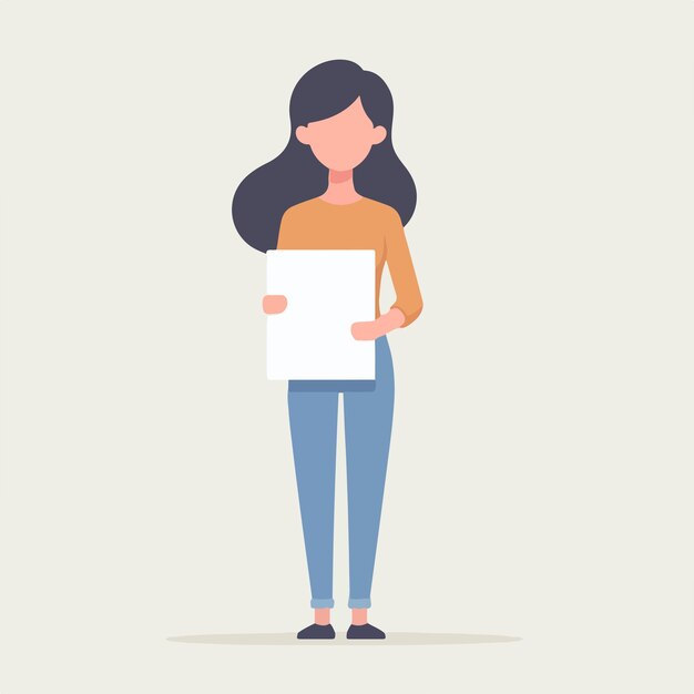 Ilustración de una mujer sosteniendo un papel en blanco en un estilo de diseño plano