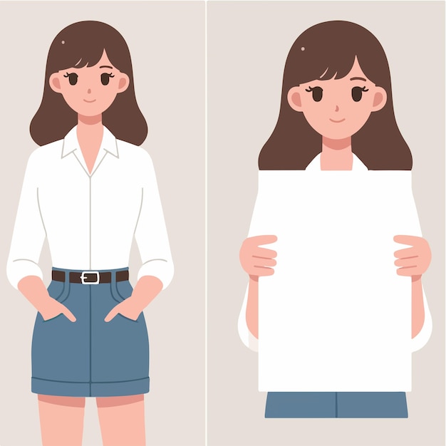 Vector ilustración de una mujer sosteniendo un papel en blanco en un estilo de diseño plano