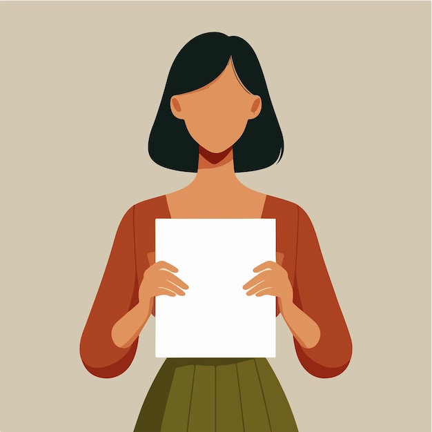 Vector ilustración de una mujer sosteniendo un papel en blanco en un estilo de diseño plano