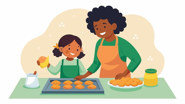 Vector una ilustración de una mujer y su hija horneando un lote de galletas de patata dulce, una deliciosa golosina