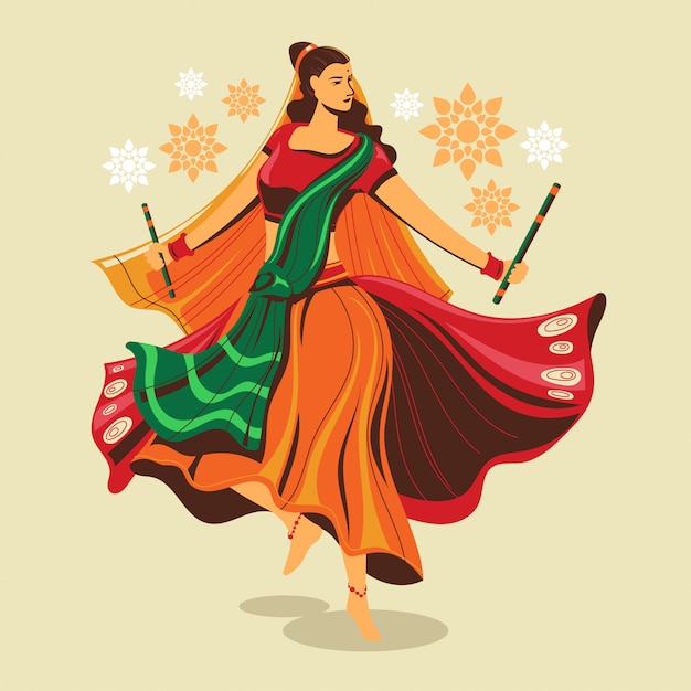Ilustración de mujer tocando danza garba para festival de India
