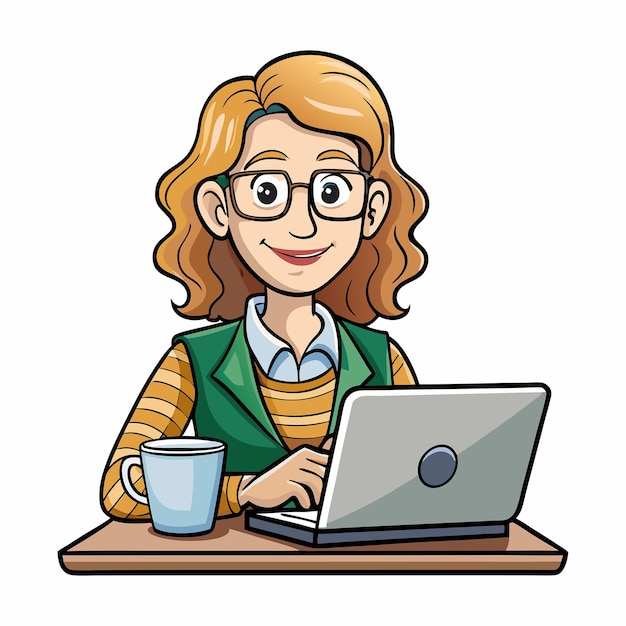 Ilustración de una mujer trabajando en una computadora portátil con café en la mano