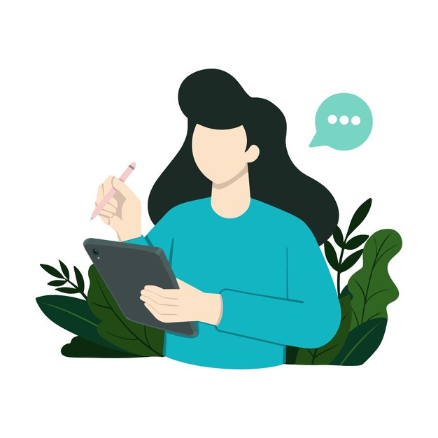 Ilustración de mujer vectorial trabajando con fondo floral de ipad