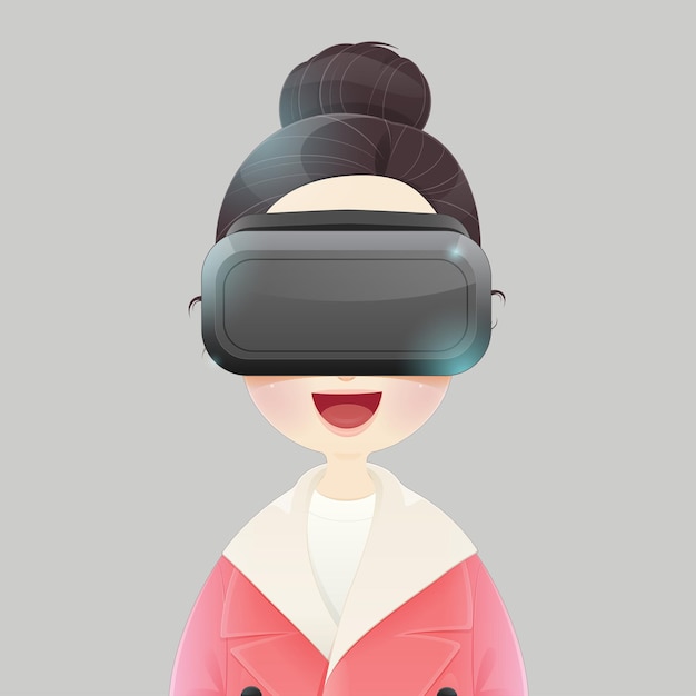 Ilustración mujer vistiendo dispositivo de realidad virtual sobre fondo gris