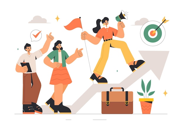 Ilustración de mujeres líderes en negocios con una mujer líder en reuniones centradas en el crecimiento profesional, la victoria y el logro de objetivos