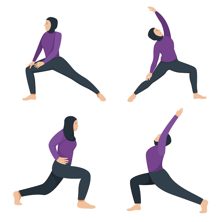 Vector ilustración de mujeres musulmanas haciendo ejercicios de postura de yoga