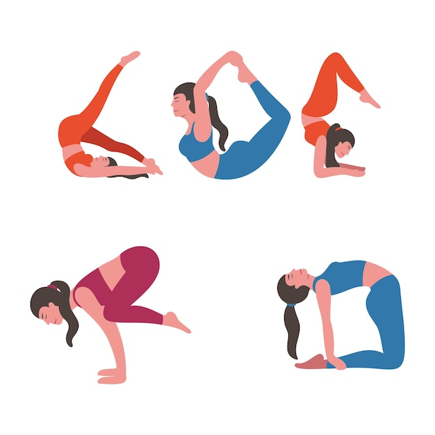 Ilustración de mujeres practicando posturas avanzadas de yoga con trajes vibrantes