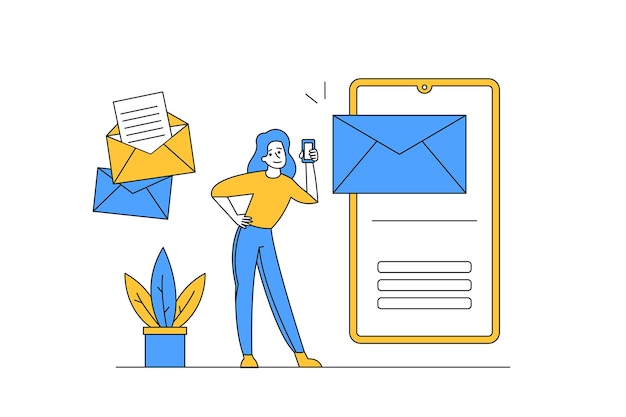 Ilustración mujeres reciben correo electrónico a través del teléfono móvil