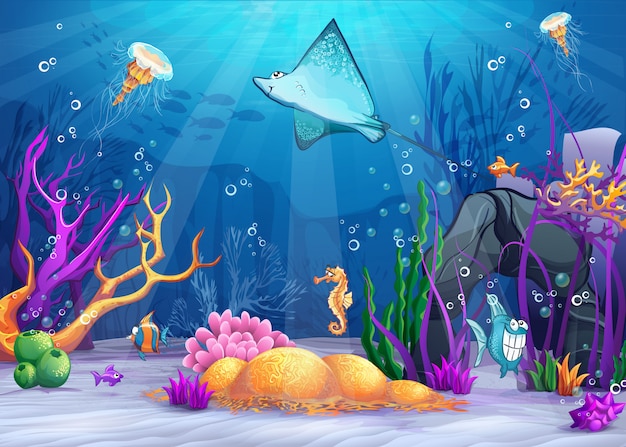 Ilustración del mundo submarino con una divertida rampa de peces y peces